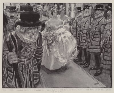 De tekenkamer van de koningin, debutanten op weg naar de troonzaal langs de Yeomen of the Guard door Frank Craig